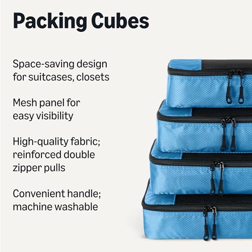Image of Amazon Essentials 4-Piece Packing Cubes Travel Accessories Set, Luggage Organizer with Double Zipper, Mesh Top, Space-Saving, Medium, Sky Blue (Previously Amazon Basics)
