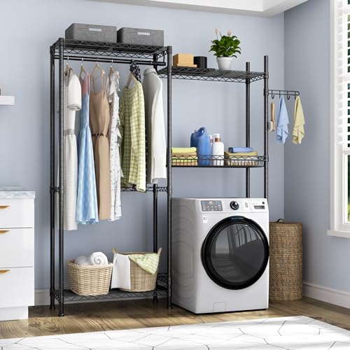 Image of Golpart Over Washer and Dryer Shelves,Laundry Room Storage Organization Clothes Drying Rack,4 Tier Adjustable Height Wire Shelving with Wire Basket,Hanger Rod&Hook,Space Saving Shelf