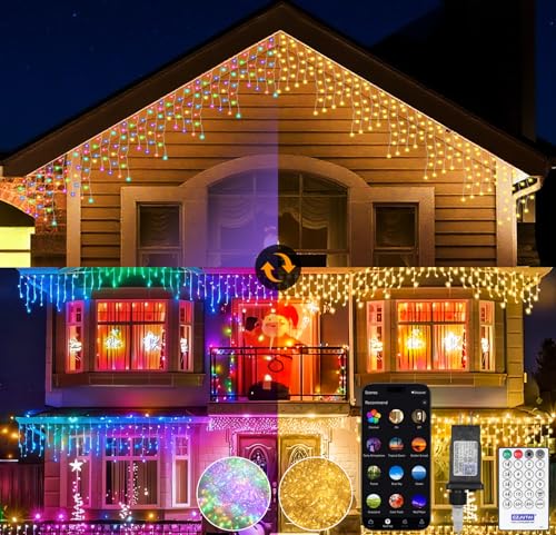 LED Icicle Lights for Outdoor Christmas Decorations,66Ft 800 LEDs Color Changing Christmas Fairy Light,APP & Remote Control,17 Lighting Modes,Plug in RGB hanging Curtain Lights for Xmas Party Wedding
