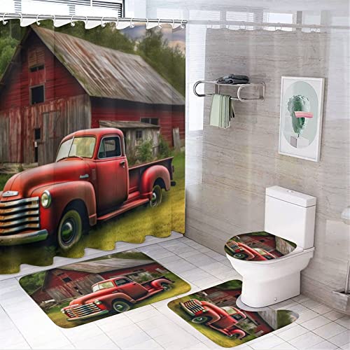 VHPVHP 4 Pcs Bathroom Shower Curtain Set,Bathroom Sets with Rugs (Bath Mat,U Shape and Toilet Lid Cover Mat), Red Truck at The Barn Bathroom Decor Set