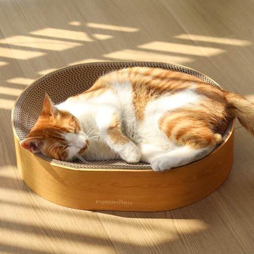 FUKUMARU Cardboard Cat Scratcher Bed 2-in-1 Oval Cat Scratch Pad Cats Scratching Board Lounge Bed Indoor Durable Modern Kitty Scratcher Bowl Cats Scratch Furniture Protector Wood Color