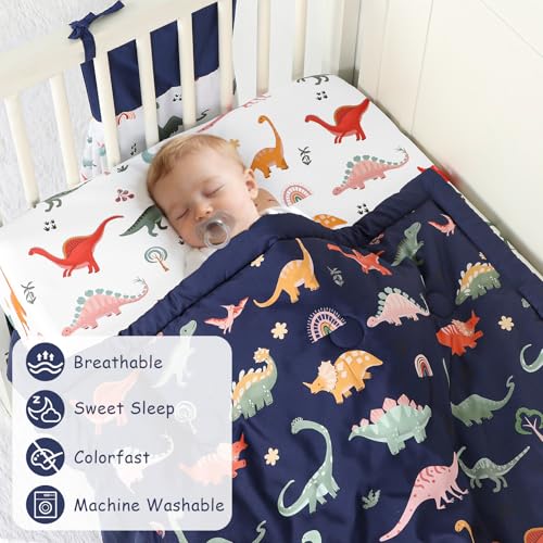 Image of Crib Bedding Set for Boys, Baby Crib Bedding Set 4 Piece, Baby Boy Nursery Bedding Set Including Comforter, Fitted Crib Sheet, Crib Skirt, Diaper Stacker, Blue Dinosaur