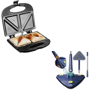 Elevea C338 800W Electric Sandwich Maker & Toaster and 360 degree Rotatable Triangular Spin Mop, Adjustable Swivel Cleaning Mop