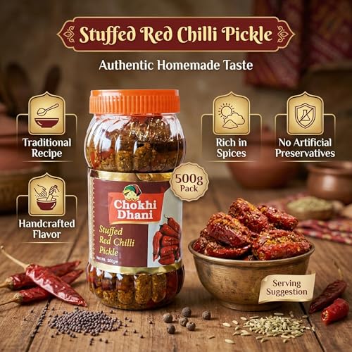 Image of Chokhi Dhani Stuffed Red Chilli Pickle 500g | Bharwa Lal Mirch Achar | Mustard Oil Indian Pickle | Spicy & Tangy | No Preservatives | Homemade Style | Veg