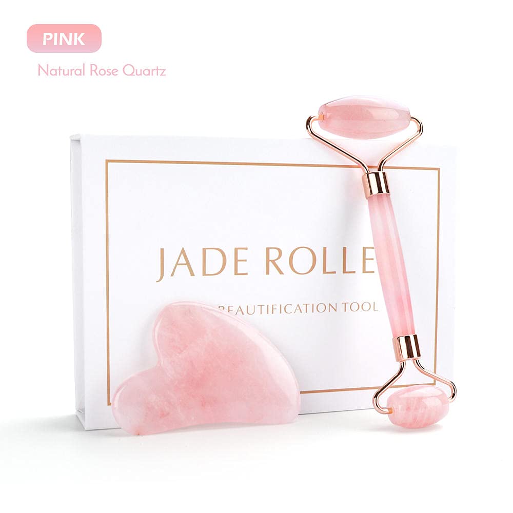 Masaje de jade masajeador facial relajación facial herramienta de elevación jade roding piedra natural rosa masajeador de cuarzo-Set de rosa B con caja