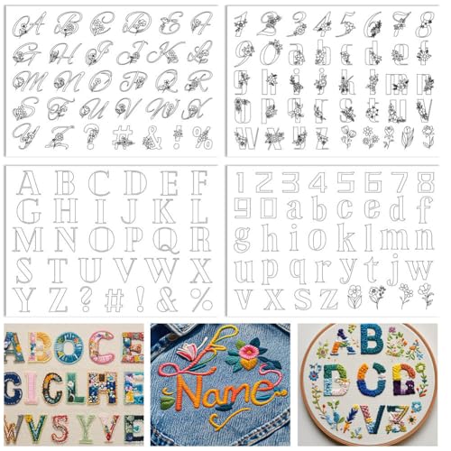 ORIGACH 4 Sheets 143 Pcs Water Soluble Embroidery Patterns Stabilizers - Pre-Printed Letter, Number...