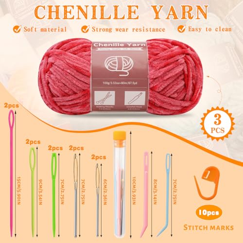 Image of LUNARM Chenille Yarn 3 Pack 3.5oz Chunky Blanket Velvet Yarn 263 Yard | Bright Red Chunky Chenille Yarn for Beginners Crocheting Hand Knitting Scarves with Big Eye Needles Machine Washable