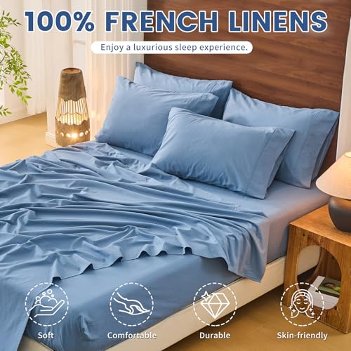 Image of Bedlifes 100% French Linen California King Bed Sheet Set - 16 inch Deep, 4Pcs | Soft & Durable, Breathable & Cooling, Pure Flax Linen, OEKO-TEX Certified, Moisture-Wicking, Easy Care, Machine Washable