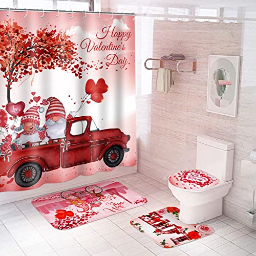 4 Pieces Happy Valentine's Day Shower Curtain Set with Non Slip Rugs Toilet Lid Cover Bath Mat U Shaped Mat Bathroom Gnomes Curtain with 12 Hooks Red Truck Waterproof Shower Curtain Valentines Decor