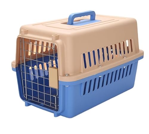 Aoccqkfポータブルペットラック、ペットエアボックス、車用猫ケージ、ペットの外出、チェック航空輸送ボックス、ポータブル外出、ペットキャリースーツケース (ブルー)