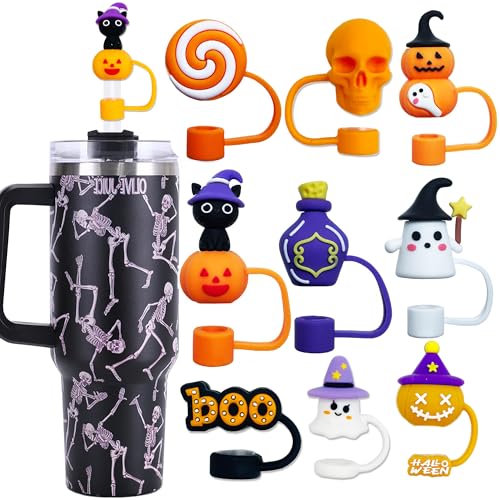 9PCS Halloween Straw Toppers for Stanley Cup Accessories, Silicone Topper for 30&40 Oz Tumbler With Handle, 10mm 0.4in Straw Covers Bulk Tips Lids for Gifts