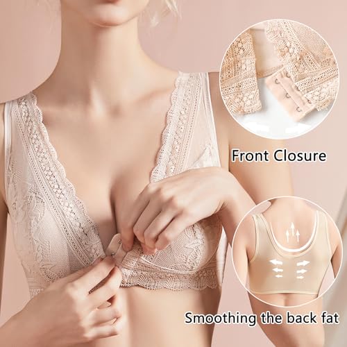 Wireless Bras for Women No Underwire Front Closure Plus Size Bra Comfortable Plunge Lace Womens Bras2