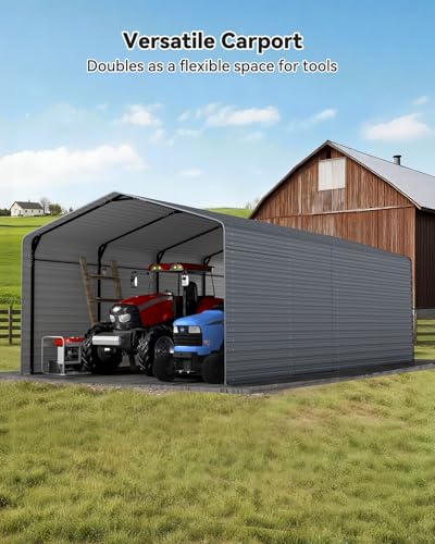 Image of Heavy Duty Metal Carport, 12x20FT Outdoor Carport Canopy with Galvanized Steel Roof and Reinforced Base, Metal Side Panels, Sidewalls, Garage Shelter Shade for Cars, Trucks, Boats, Gray