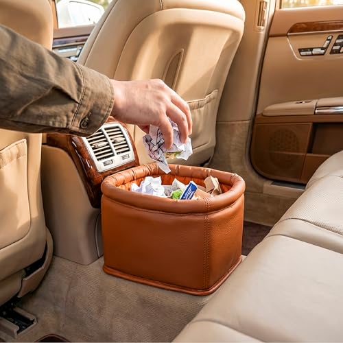 Image of Leather Car Trash Can, Luxury Car Organizer, Leakproof Garbage Can for Car and Trucks, Orange