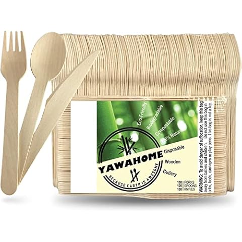 Planet Large Eco-Friendly 300x Wooden Cutlery Set | Storage Box | 100x Forks 100x Knives 100x Spoons | Sturdy Biodegradable Disposable Cutlery Cover