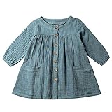 Toddler Baby Girls Long Sleeve Cotton Linen Button Dress Shirt Top with Pockets (Green, 3T)