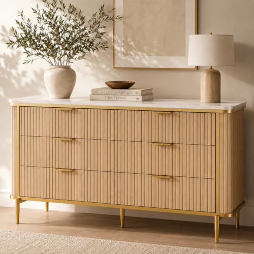 OneBlis 55.1 W 6 Drawer Dresser for Bedroom Modern Fluted Wood Dresser with Marble-Look Top and Gold Accents Double Chest of Drawers Storage Cabinet for Closet Living Room Entryway Natural Oak