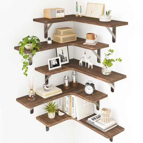 Image of Fixwal Conner Floating Shelves for Wall Decor, Dark Carbonized Black 5pcs | Solid wood shelf with metal brackets, holds 40 lbs. Optimizes corner storage. Fits bathroom, kitchen, bedroom & living room.