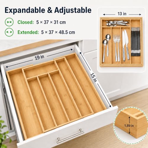 MASS DYNAMIC Cutlery Drawer Organiser, Expandable Bamboo Cutlery Tray for Kitchen Utensil, Adjustable Silverware and Flatware Holder, 7 Slots Storage for Spoons Forks Knives - Image 3