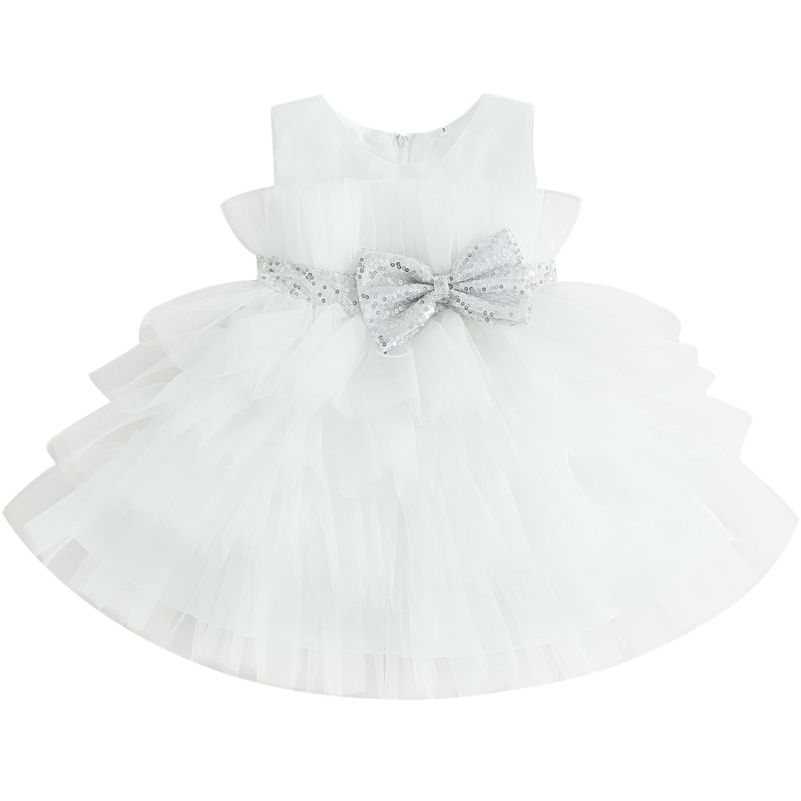 MAHUAOYIXI Vestido de bebé ceremonia vestido de niña elegante princesa vestido de verano niña vestido sin mangas con lazo de tul de malla vestido bautizo con lentejuelas bebé