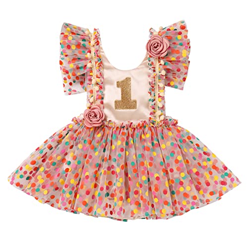 Baby Girls 1st Birthday Outfit Colorful Polka Dots Romper Dress Baby Ruffle Rainbow Princess Party Tulle Dress Cake Smash Photo Shoot Tutu Dresses Rainbow Polka 1 Year