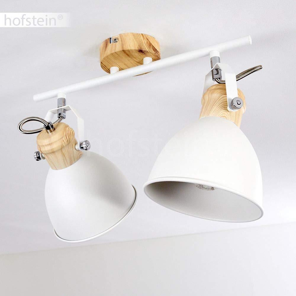 HOFSTEIN Deckenleuchte Banjul, verstellbare Deckenlampe aus Metall in Weiß/Holzoptik, moderne Leuchte im Retro/Vintage/Industrial-Design, 2 x E27, Esszimmer, Schlafzimmer, Wohnzimmer, Küche