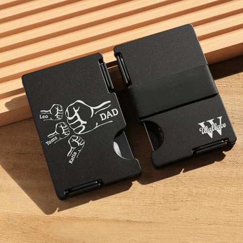 Image of Personalized Gift for Christmas Birthday Fathers Day Wedding, Customized Engraved Wallet for Daddy Dad from Son Daughter, Custom Minimalist Metal Card Holder for StepDad