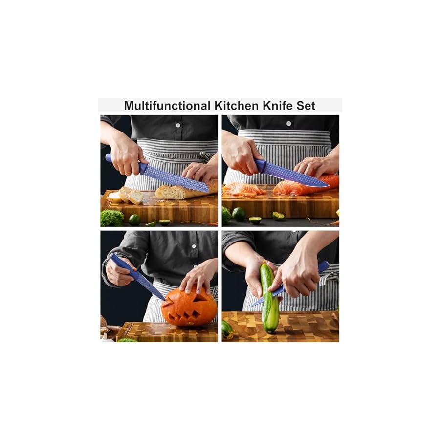 Mealia 6-Piece Kitchen Knife Set with Universal Knife Block, Non-stick Sharp Stainless Steel Knives, Ergonomical Design, Dishwasher Safe, Purple&Black