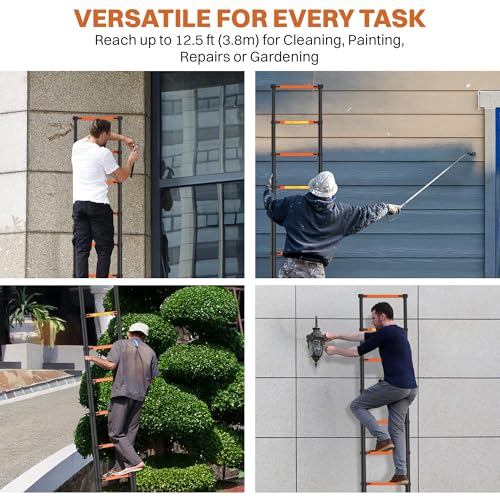 Image of BonKaso Telescopic Ladder, 3.8m / 12.5Ft, 13 Steps - Heavy-Duty Foldable Alloy Steel Ladder | Anti-Slip, 150kg Load Capacity, Rustproof & EN131 Certified - Matt Black & Orange