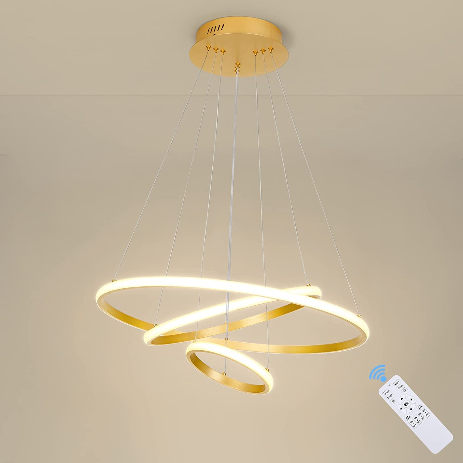 RJ- 50 Watt Modern 3-Rings Gold Large Chandelier Dimmable with Remote Hanging Ceiling LED Light for Dinning Room|3 Ring:20+40+60cm |Cool White, Warm White| Natural White(2 Years Warranty)