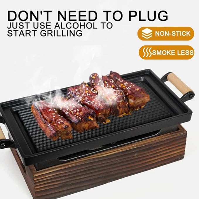 Przenośny grill stołowy, wzór kaktusa, do użytku wewnątrz/na zewnątrz, stylowa drewniana podstawa, płyta do grillowania, idealna na piknik, kemping i spotkania na podwórku