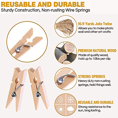 Sturdy Mini Clothes Pins For Photo, 150 Pcs 1 Inch Natural Wooden Clothespins With 33 Ft Jute Twine, Small Clips For Crafts Display, Baby Shower Game, Hanging Decorative Pictures, Cocktail, Weddings #TOP1
