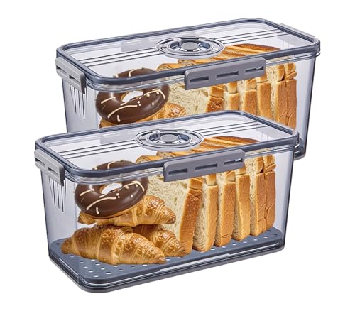 Airtight Bread Box for Kitchen Countertop, Grey, 2-Pack | Time Recording Dial, Multi-Use Food Storage, Container with Lid, Draining Tray, For Homemade Bread, Sourdough, Toast, Cookies