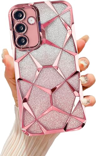Image of VONZEE Gradient Glitter Clear Case for Samsung S25 Plus, Luxury Electroplated 3D Cube, Diamond Bling Shiny Soft TPU Clear Shockproof Women Girls Protective Phone Cover (Rose Gold)