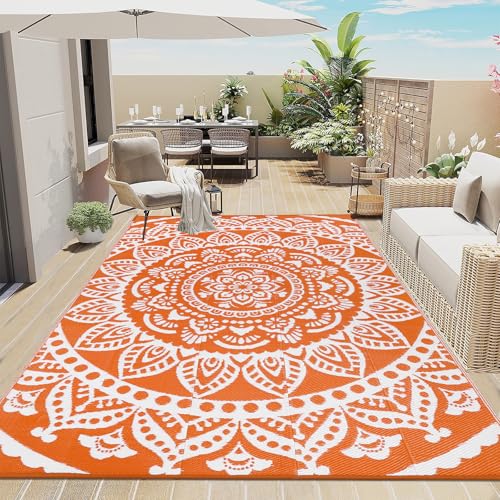 Bsmathom Waterproof Outdoor Rug 6'x9' Reversible Boho Plastic Straw Patio Deck Camping Rugs, Indoor Outdoor Portable RV Mat Clearance Carpet for Outside, Porch, Balcony, Backyard, Beach, Pool,Orange