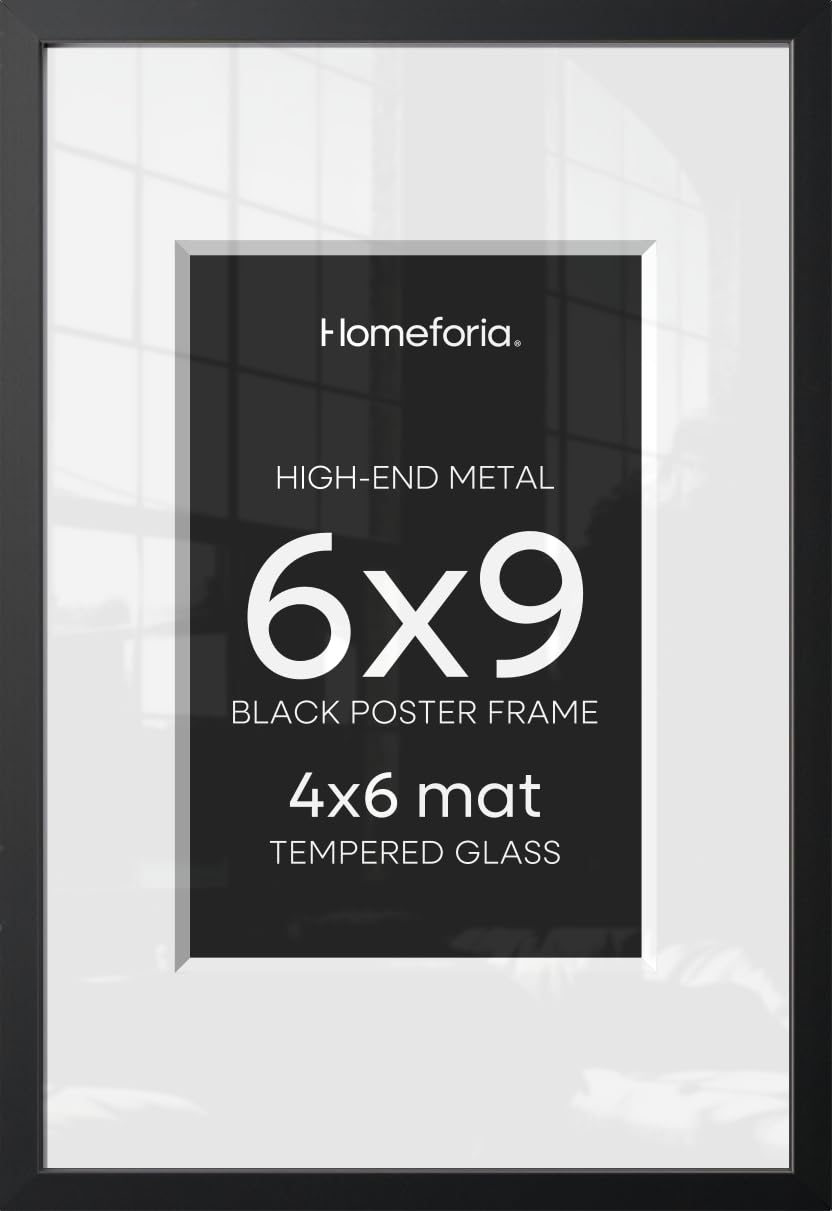 Homeforia 6x9 Black Picture Frame, High-End Metal, 4x6 Mat, Glass
