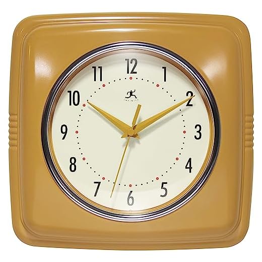 Infinity Instruments Retro – 9-Inch Square Silent Non-Ticking Mid-Century Modern Wall Clock – Vintage Decorative for Kitchen, Office, or Diner – Saffron