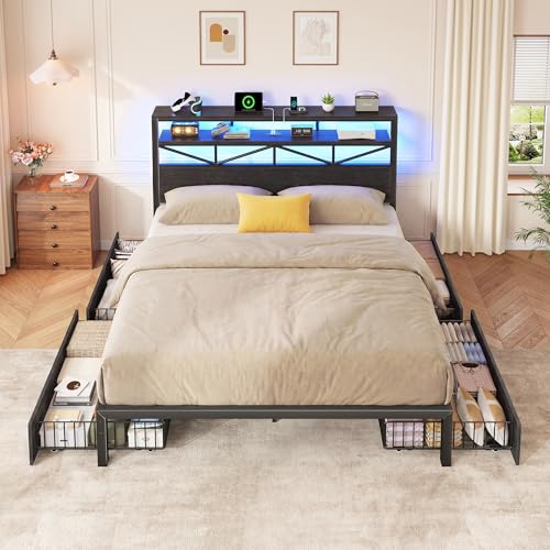 Image of Homkdom Queen Bed Frame with Large 4 Drawers, 2-Tier Shelf, LED Light and Charging Station, Heavy Duty Platform Bed with 880 lbs Capacity, Easy Assembly, Black