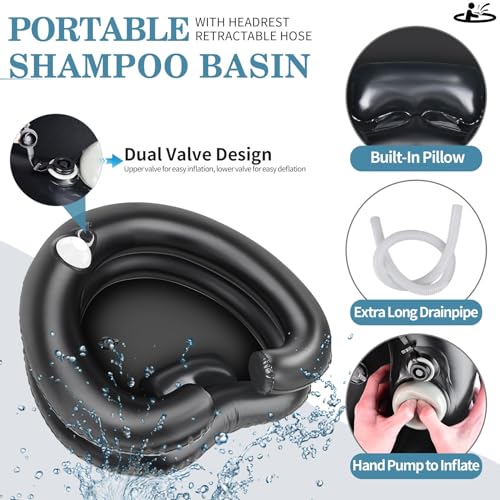 Portable Shampoo Bowl - Foldable Hair Washing Station for Kids & Elderly, Spa Wash Basin with Drain Hose, Home Salon Sink for Bed Hair Wash, Portable Washing Machine Alternative for Shampooing, Black - Thumbnail 2