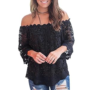 MIHOLL-Womens-Lace-Off-Shoulder-Tops-Casual-Loose-Blouse-Shirts MIHOLL Women's Lace Off Shoulder Tops Casual Loose Blouse Shirts (Black, X-Large)