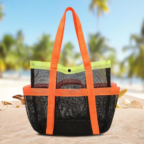 Foldable Mesh Sandproof Beach Storage Bag with 7 Pockets Waterproof Shoulder Bag Beach Tote Bag for Pool Vacation Tra4