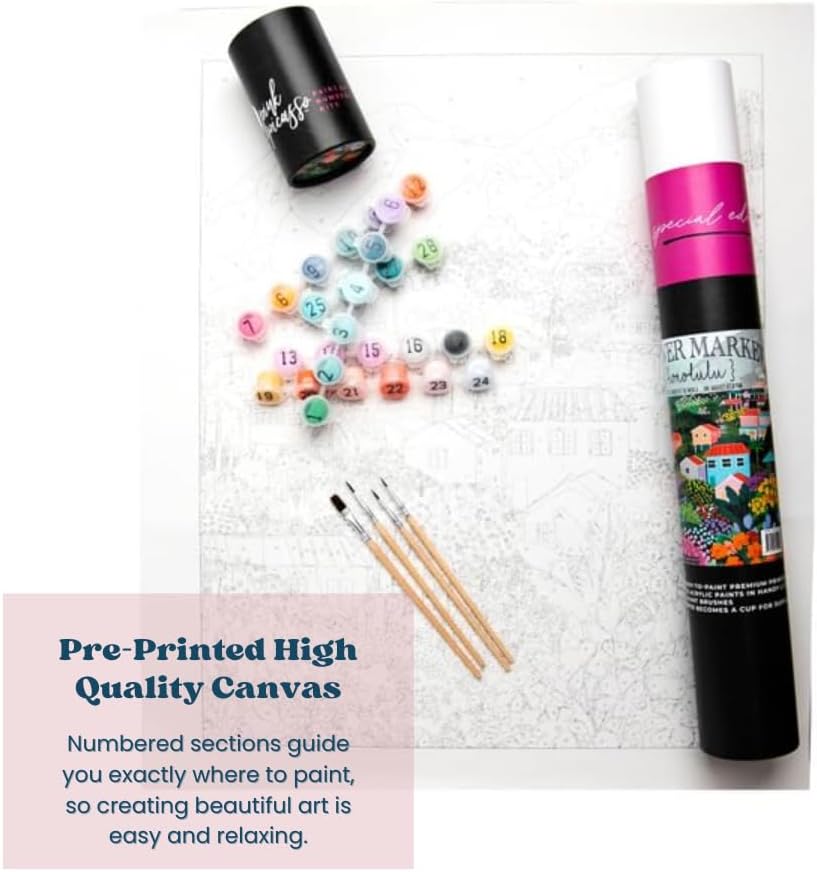 Pink Picasso Paint Number Kit for Adults, Flower Market, Coastal Cityscape, 16x20 Canvas DIY Painting Set, Tropical Floral Wall Art Craft Colorful Landscape, Hobby, Gift Shark Tank Featured (Honolulu)