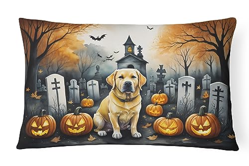 Caroline's Treasures DAC2060PW1216 Yellow Labrador Retriever Spooky Halloween Fabric Decorative Pillow Machine Washable, Indoor Outdoor Decorative Pillow for Couch, Bed or Patio, 12HX16W