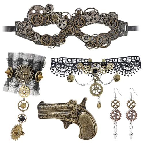 HOWAF Steampunk Déguisement Femmes Costume Rétro Engrenages Collier Boucles d'Oreilles Masque Bracelet pour Adultes Carnaval Halloween