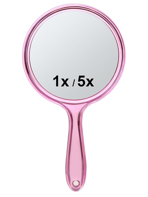 Espelho de mão Macaki 1X/5X com alça, rosa