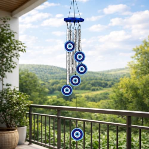 Image of Evil Eye Wind Chime 27 Inch | Nazar Battu Hanging for Home Protection & Positive Energy | Decorative Wind Chimes for Balcony, Living Room & Bedroom | Housewarming & Birthday Gift for Women