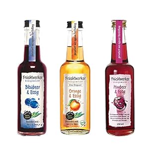 Fruchtwerker Essig und Frucht Set I Verschiedene Sorten I Fruchtig I Fruchtessig I Essig-Set I Rein Pflanzlich I Süß I In Glasflaschen (Blaubeere + Orange + Himbeere)