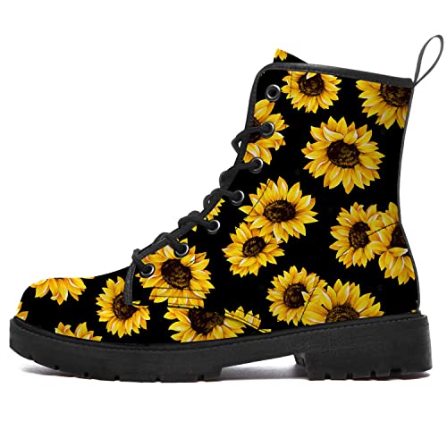 Uminder Sunflower Boots Womens Mens Combat Boots Vegan Leather Ankle Work Boots Anti-Slip Waterproof Shoes Gifts for Boy Girl