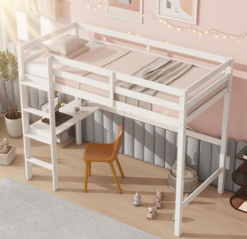 Bellemave Twin Loft Bed with Desk,Loft Bed for Kids, Boys, Girls,Wooden Loft Be Frame with Desk and Ladder, White