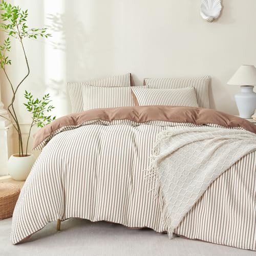 Image of Brown Striped Comforter Set Queen - 3 Pieces Bedding Comforter Set for All Season, Soft Lightweight Washed Microfiber, 1 Striped Comforter and 2 Pillowcases (Brown, Queen Size)